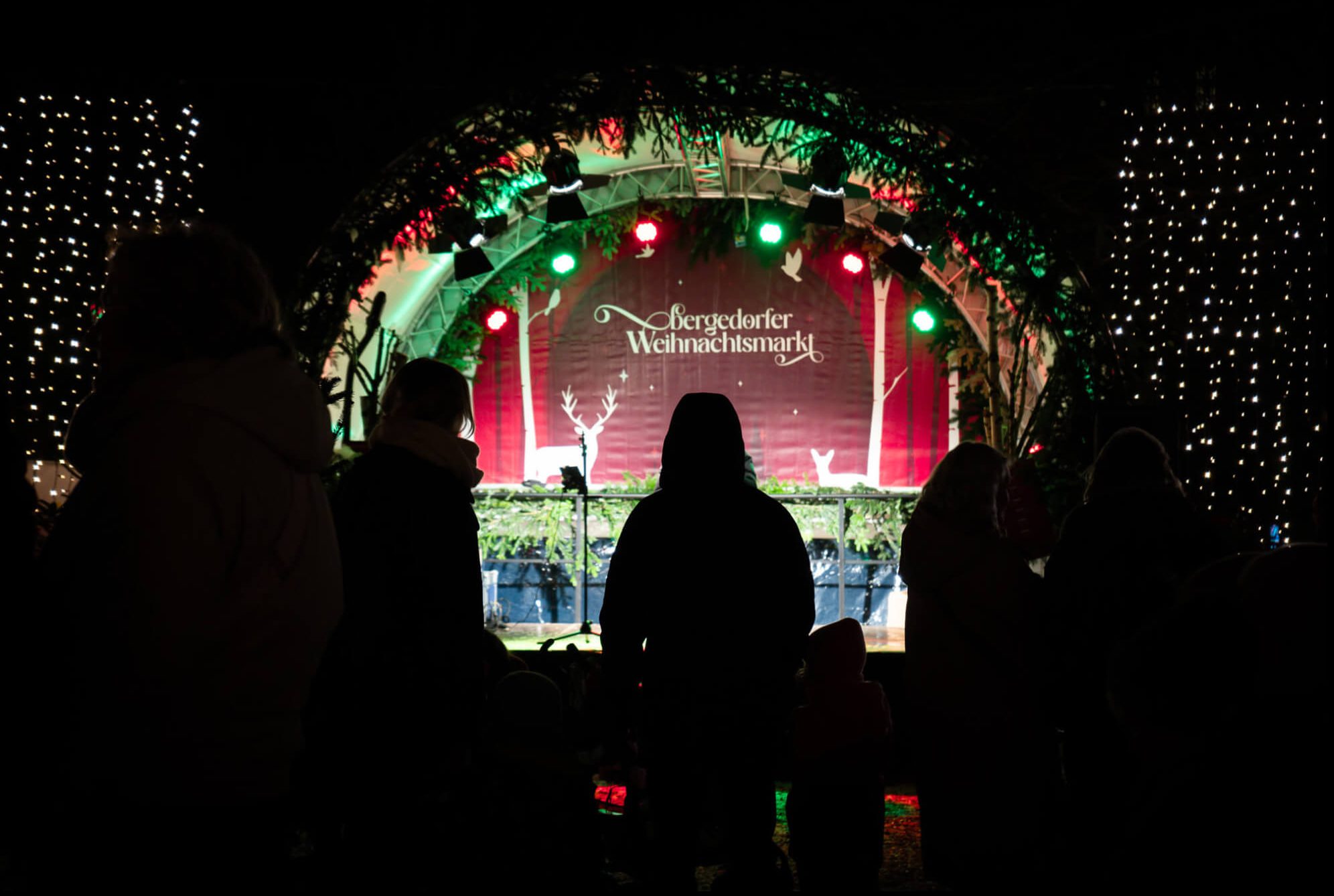 Menschen stehen im Dunkeln vor einer beleuchteten Bühne des Bergedorfer Weihnachtsmarktes.